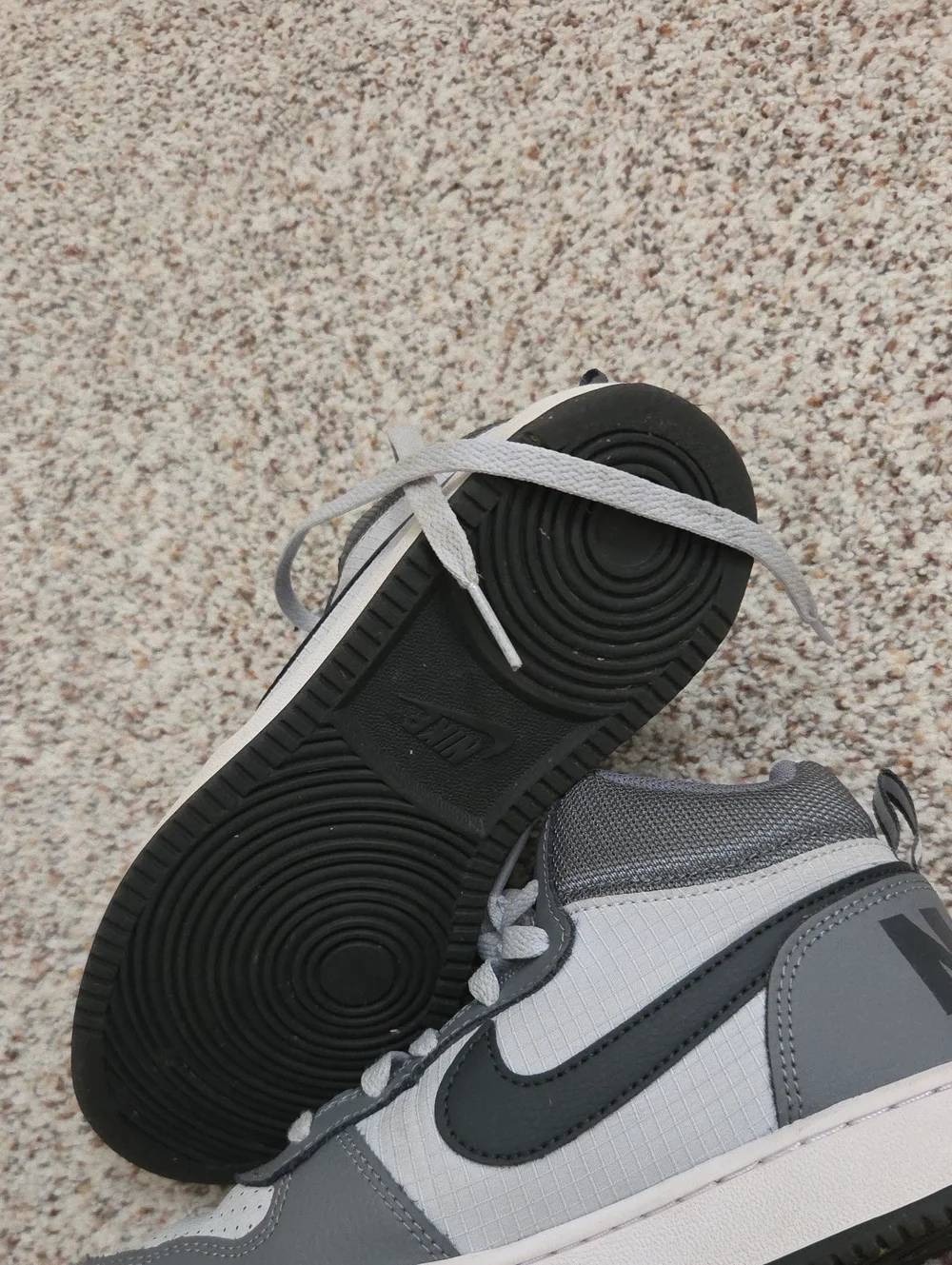 Nike Kids Gray and White High-Top Sneakers with Black Swoosh